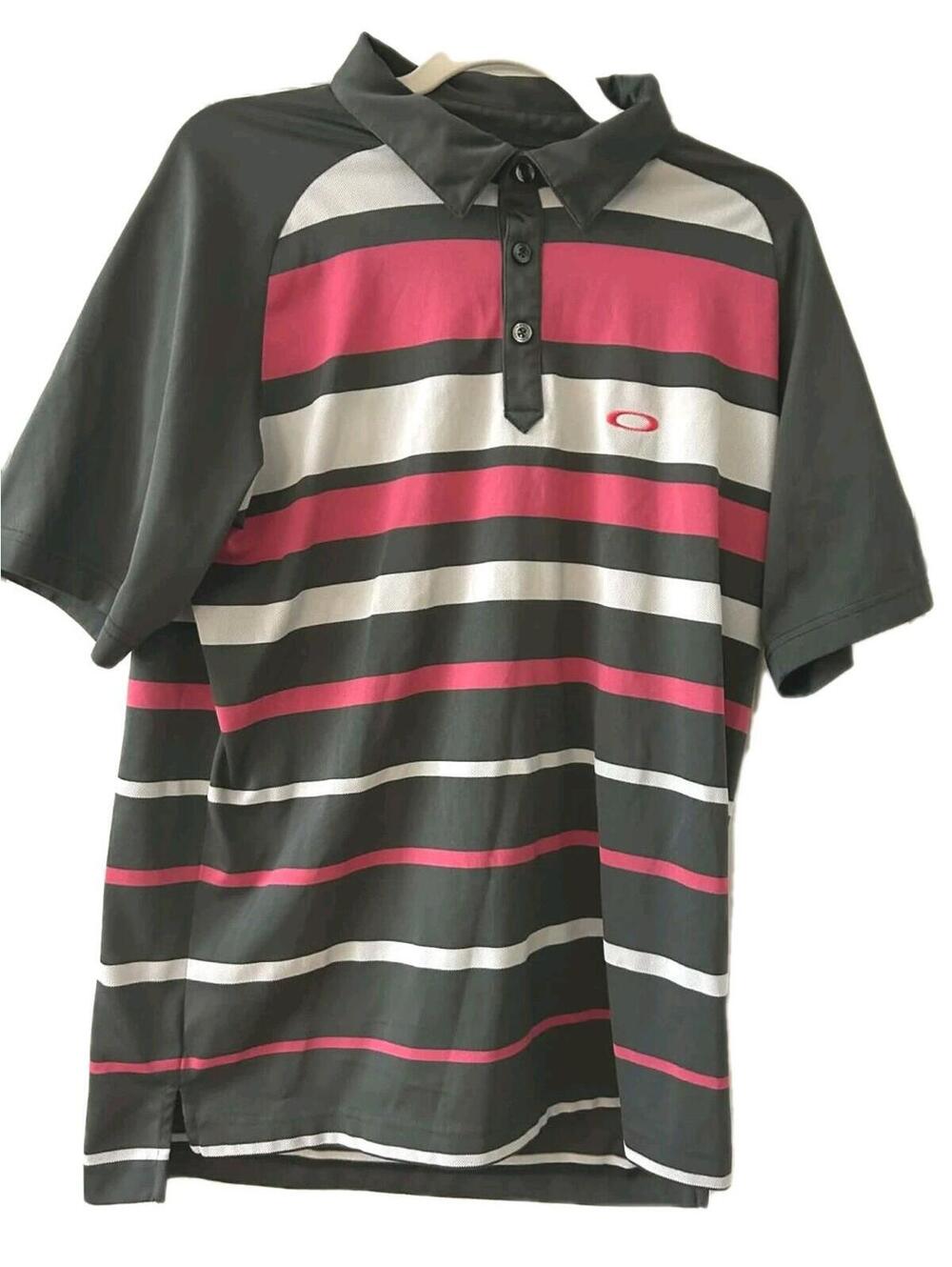 Oakley Men's Regular Fit Golf Polo Shirt Grey Pink & White Stripes Size M